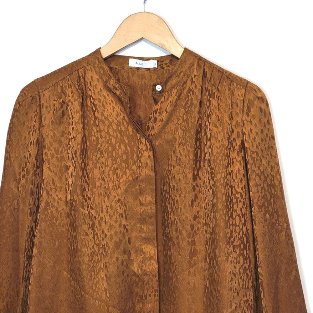 ALC Silk Animal Print Blouse Mandarin Collar Long Sleeve Chic Button Down Work 8 - Picture 3 of 16